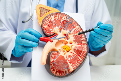 Chronic kidney disease, doctor with model for treatment urinary system, urology, Estimated glomerular filtration rate eGFR.
