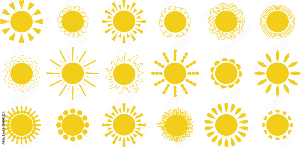 Cute Set of Sun Vector Illustrations. Sun with Different Rays. Sun Clip Art Graphics. Summer Theme. Hand Drawn Digital Illustrations. White Isolated Background. Cute Set of Sun Vector Illustrations. Sun with Different Rays. Sun Clip Art Graphics. Summer Theme. Hand Drawn Digital Illustrations. White Isolated Background.