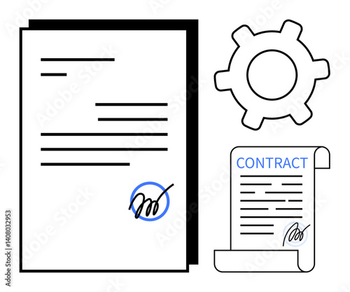 Signed paper, rolled contract with signature, gear symbol. Ideal for business, agreement, legal process, workflow, organization finance collaboration. Flat simple metaphor
