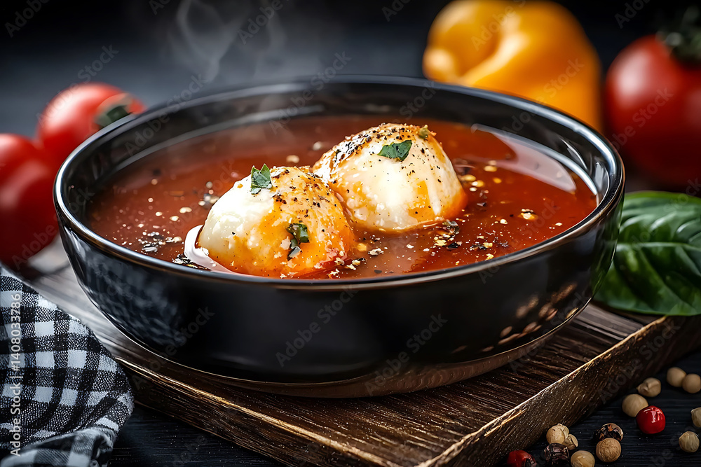 Steaming tomato soup with dumpling-like shapes served in a black bowl on a wooden board with vegetables around. Steaming tomato soup with dumpling-like shapes served in a black bowl on a wooden board with vegetables around.