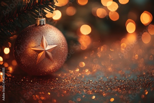 Christmas Ornaments with Copper Star and Golden Bokeh Lighting