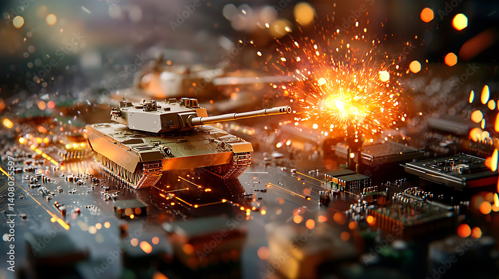 Fototapeta premium Toy tanks wage war on a computer circuit board sparks fly as technology meets military power.