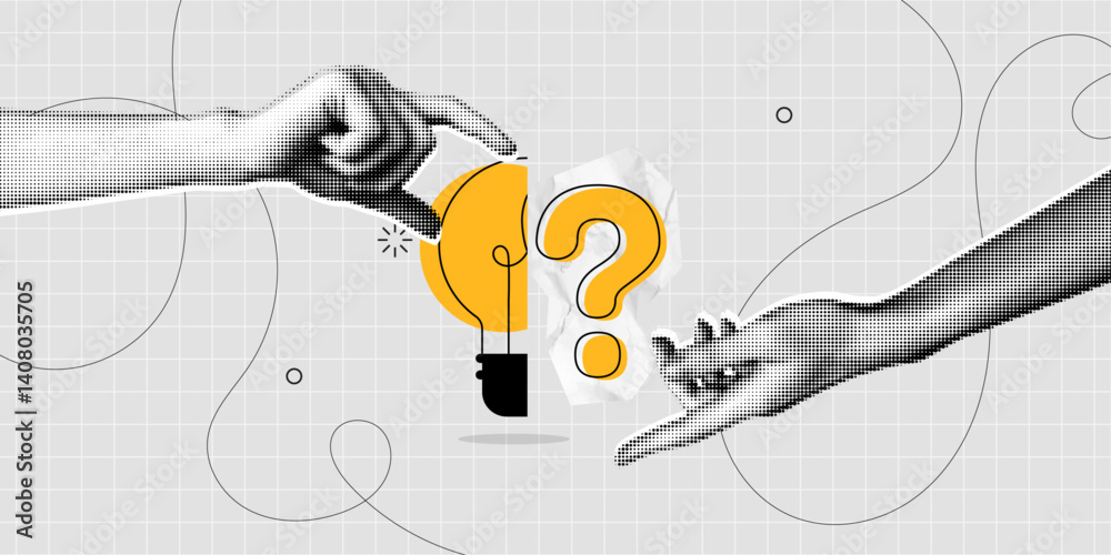 Trendy Halftone Collage Problem solving concept. Two hands hold lightbulb and question mark. Business solution. Creative mind or brainstorm. Ask for reply. Contemporary vector illustration art