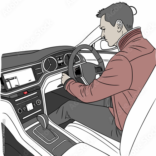 A focused driver effortlessly controls their sleek modern car's intuitive dashboard with a clean minimalist line illustration style.