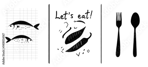 Three elegant postcard designs with a "Let's eat!" phrase. The first one shows fish on grid paper, the second features cut - out illustrations of fish and red chili peppers in a successful illustrativ