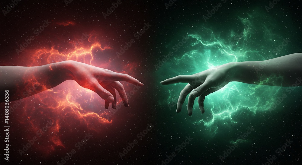 Naklejka premium A hand reaching out from a nebula to touch another 
