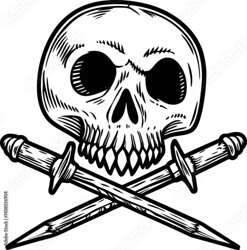 Skull with crossed stakes icon gothic, tattoo skull design, macabre horror theme