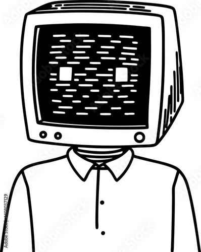 retro tv head character wearing shirt, black and white illustration, vintage style, abstract technology art