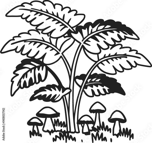 Tropical plant and mushrooms illustration nature, leaves, fungi, growth, black and white art