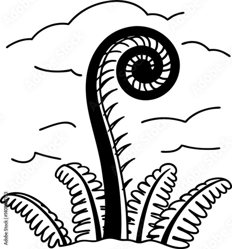 Koru fern symbol, nature growth new zealand spiral frond plant, artistic tribal design