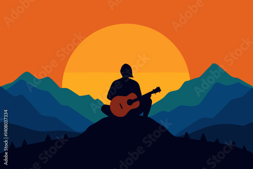 silhouette of a man sitting on a mountain