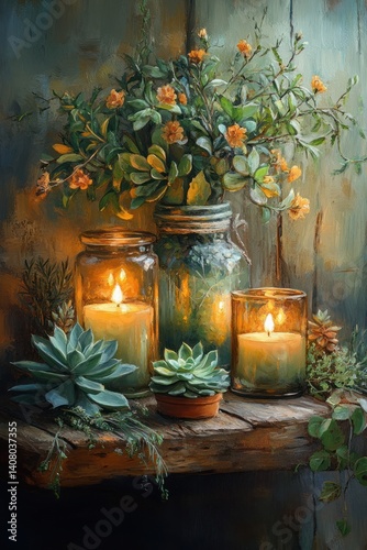 Rustic Vintage Autumn Candle Succulent Decor for Thanksgiving Table with Mood Lighting and Wooden Accent