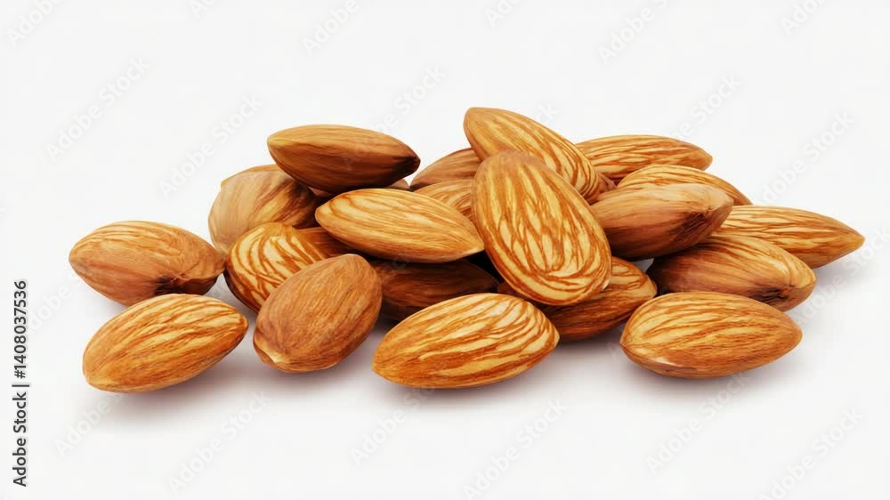Pile of fresh, delicious almonds on a plain white surface - healthy, raw, natural snack