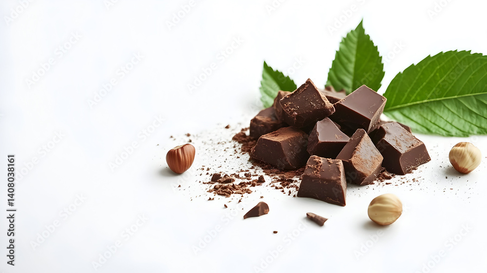 A pile of chocolate and nuts on a white background. The chocolate is broken into pieces and scattered around the nuts. Concept of indulgence and comfort, as the chocolate A pile of chocolate and nuts on a white background. The chocolate is broken into pieces and scattered around the nuts. Concept of indulgence and comfort, as the chocolate
