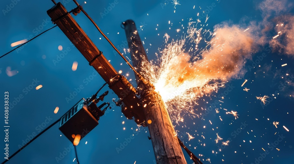 Stark image of a wooden power pole with bright white electrical sparks erupting from a cable, a clear symbol of danger and high voltage. Electrical emergency situation.
