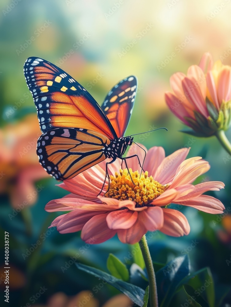 Monarch Butterfly on a Pink Zinnia Flower in a Vibrant Garden Monarch Butterfly on a Pink Zinnia Flower in a Vibrant Garden