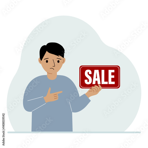Little boy holding a banner with sale text. Pointing at the text. Concept of discount, special offer in store, education, advertising flyer.