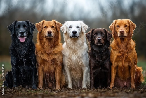 golden retriever labrador curly coated retriever nova scotia duck tolling retriever flat coated retriever dogs sitting together outdoors