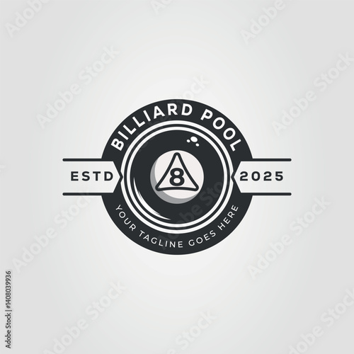 Billiard pool logo with an eight ball. Ideal for sports team branding, pool hall signage, or billiards tournament promotions.