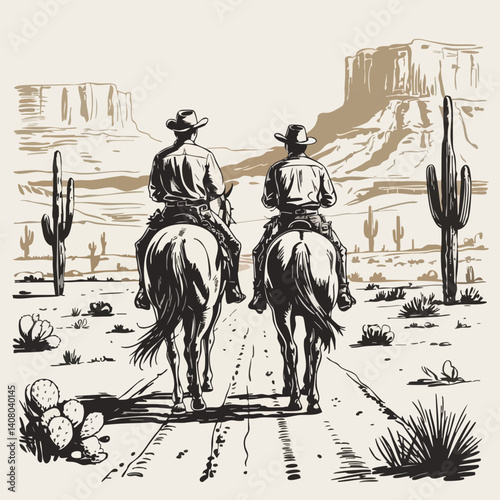 Vintage Western Sketch of Two Cowboys Riding into the Desert – Sepia Illustration of Frontier Adventure and Timeless Brotherhood