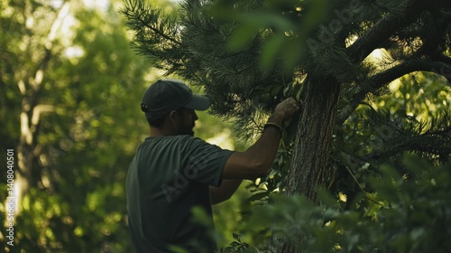 Hispanic landscaper trimming trees in a backyard. Featuring landscaping and outdoor maintenance