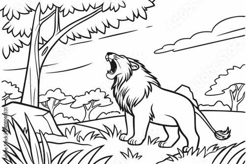 Coloring Page, A lion roaring in the middle of the wilderness, no color, black and white
