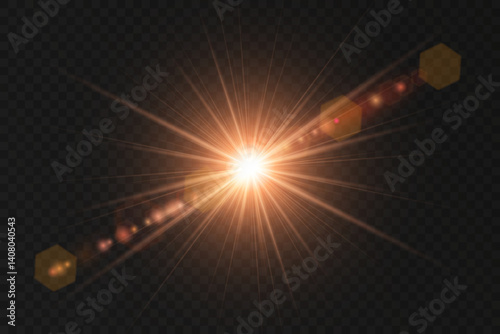 Golden flare light glistens smoothly on transparent PNG layer. Star light shines in perfect circular sparkle motion. Sun flush fades softly with warm yellow tones. Glowing light overlays