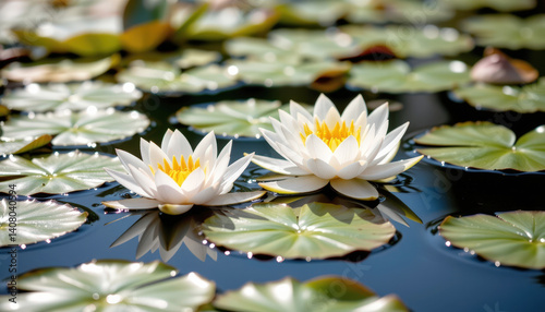 Wallpaper Mural Two white water lilies bloom on a serene pond, surrounded by green lily pads and shimmering reflections in the water. Torontodigital.ca