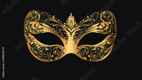 Elegant Golden Carnival Mask on Black Background for Masquerade Ball Events