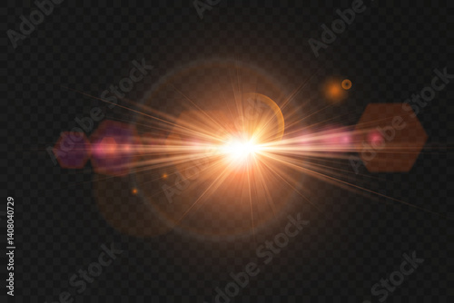 Golden flare light glistens smoothly on transparent PNG layer. Star light shines in perfect circular sparkle motion. Sun flush fades softly with warm yellow tones. Glowing light overlays