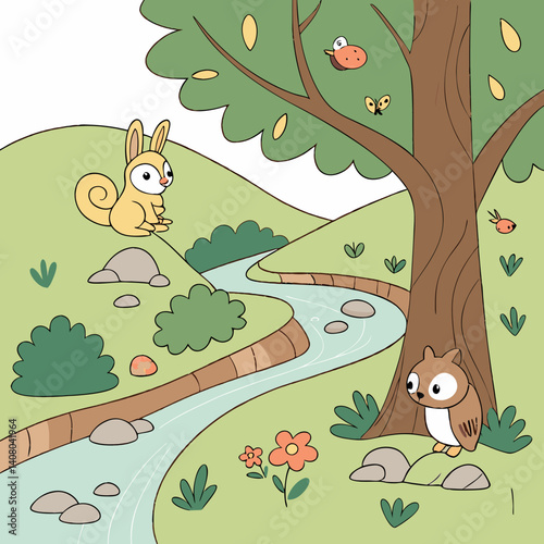 A whimsical forest scene with various small animal characters.  A stream flows through a lush, vibrant green forest.  Small, light brown rabbits are positioned near the stream, one holding an acorn. 