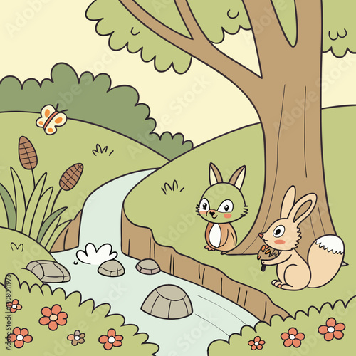 A whimsical forest scene with various small animal characters.  A stream flows through a lush, vibrant green forest.  Small, light brown rabbits are positioned near the stream, one holding an acorn. 