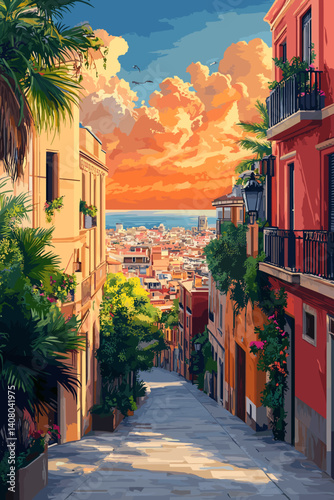 Charming street view in Barcelona at sunset, with colorful buildings, palm trees, and a scenic overlook of the city and sea in vibrant vector style