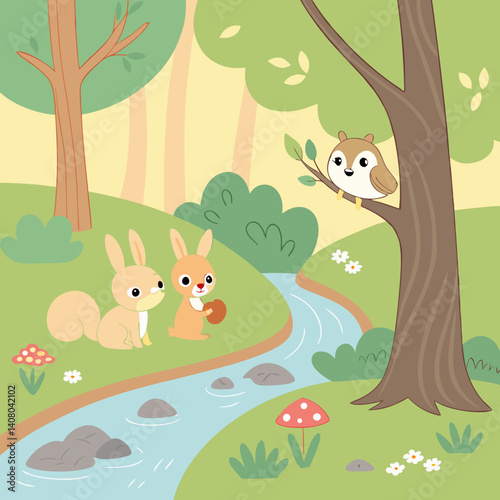 A whimsical forest scene with various small animal characters.  A stream flows through a lush, vibrant green forest.  Small, light brown rabbits are positioned near the stream, one holding an acorn. 