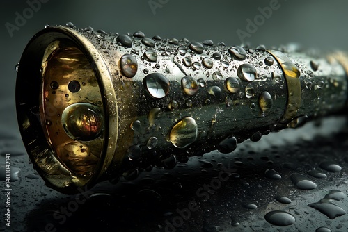 Antique brass telescope covered in water droplets on a dark background