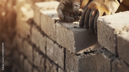 Hispanic mason applying mortar between stone blocks for a wall. Featuring masonry and stonework