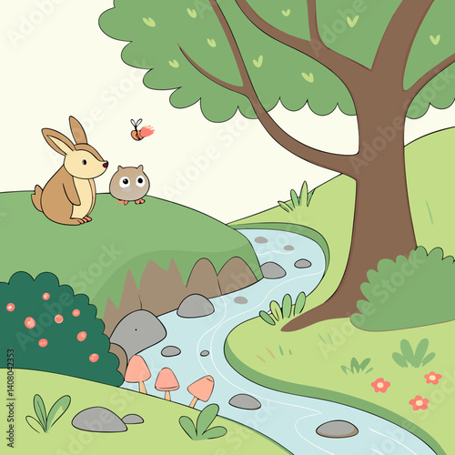 A whimsical forest scene with various small animal characters.  A stream flows through a lush, vibrant green forest.  Small, light brown rabbits are positioned near the stream, one holding an acorn. 