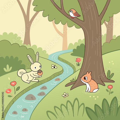 A whimsical forest scene with various small animal characters.  A stream flows through a lush, vibrant green forest.  Small, light brown rabbits are positioned near the stream, one holding an acorn. 