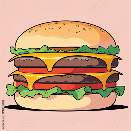 A vibrant and appetizing cartoon illustration of a cheeseburger with a sesame seed bun, fresh green lettuce, and melted cheese. Perfect for food-related designs, menus, and advertisements