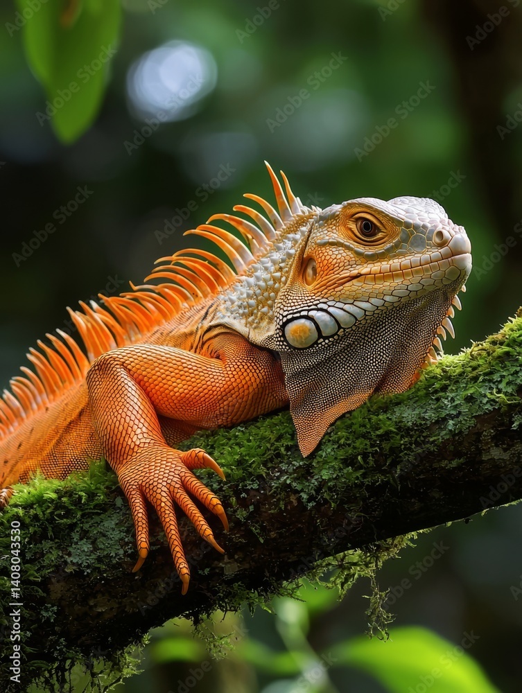 Fototapeta premium Vibrant Orange Iguana on Mossy Branch