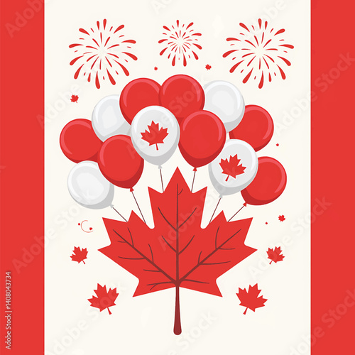 Canada Day Vector Design with Maple Leaf and Fireworks, 1st July Holiday Graphic