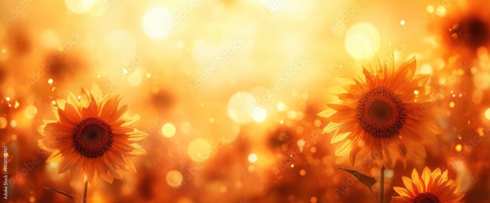 Fototapeta premium Sunflowers in Autumn Bokeh with Warm Golden Light