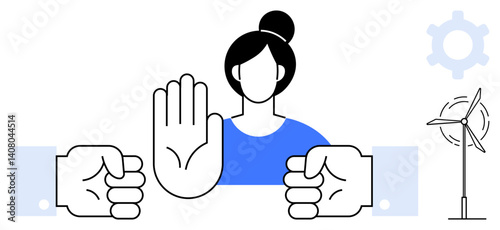 Woman raises an open hand stopping two clenched fists with wind turbine and gear elements suggesting progress and peace. Ideal for conflict management, equality, teamwork, progress, peace