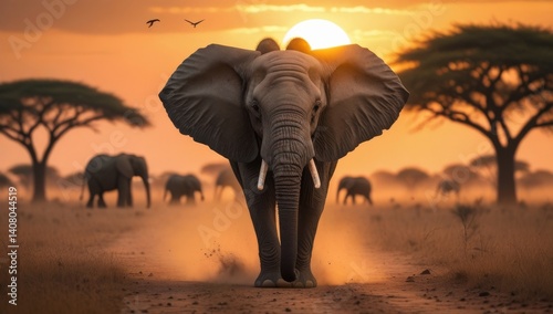 Majestic african elephant walking at sunset on the savannah.