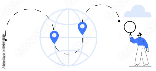 Person using magnifying glass near globe with two map pins and dotted route. Ideal for travel, research, exploration, global logistics, navigation, location, simple landing page
