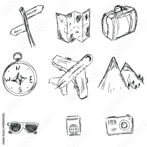 Travel theme doodle vector set white background. Vector illustration