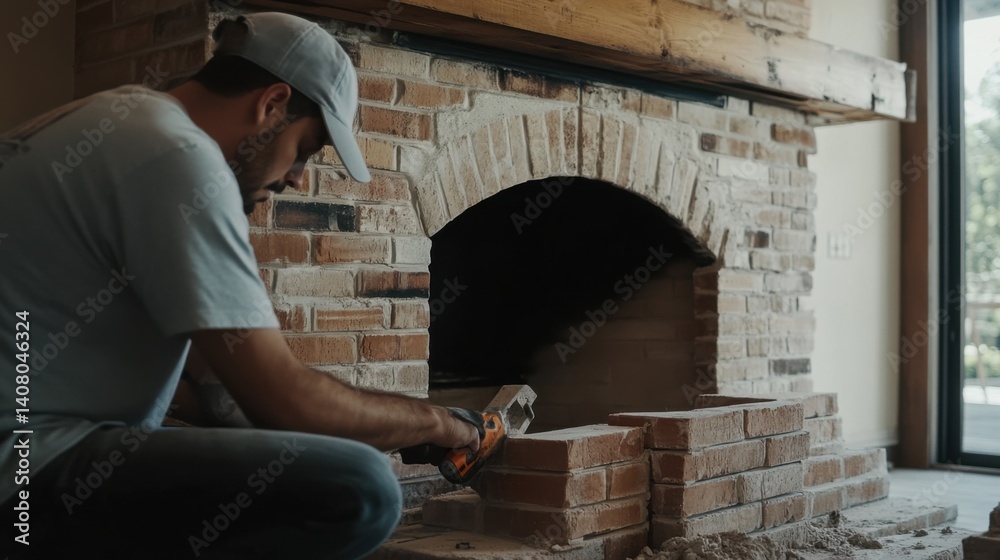 Fototapeta premium Hispanic mason building a brick fireplace in a living room. Featuring masonry and home design