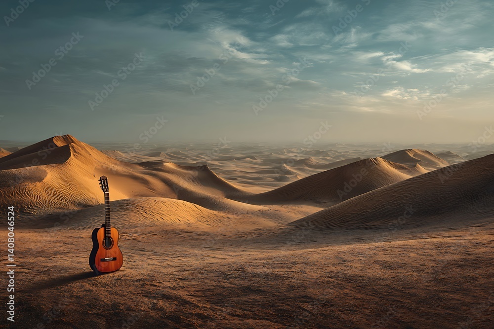 Fototapeta premium A solitary acoustic guitar stands in the vast expanse of a desert, the golden sand dunes stretching endlessly under a sky painted with hues of blue and orange.