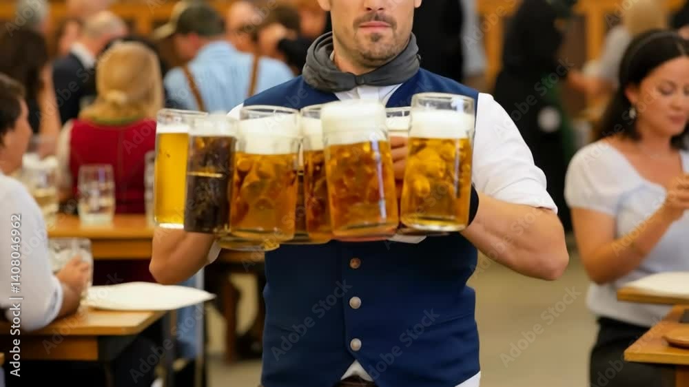 Oktoberfest tent interior. Waiter in traditional bavarian costume holding beer mugs	