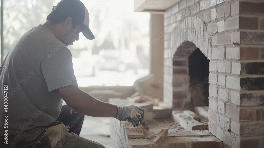 Fototapeta premium Hispanic mason building a brick fireplace in a living room. Featuring masonry and interior construction